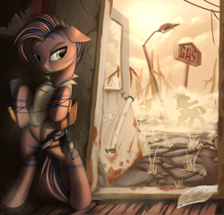 Size: 1700x1623 | Tagged: safe, artist:lightly-san, imported from derpibooru, oc, oc only, earth pony, pony, fallout equestria, bipedal, commission, door, gun, hiding, raider, silhouette, solo focus, wasteland, weapon