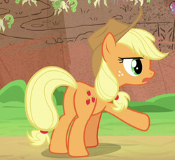 Size: 409x373 | Tagged: safe, imported from derpibooru, screencap, applejack, earth pony, pony, sounds of silence, butt, cropped, female, mare, plot, solo