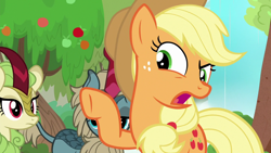 Size: 1280x720 | Tagged: safe, imported from derpibooru, screencap, applejack, sparkling brook, spring glow, earth pony, kirin, pony, sounds of silence, background kirin, female, mare, open mouth, solo focus