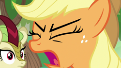 Size: 1280x720 | Tagged: safe, imported from derpibooru, screencap, applejack, spring glow, kirin, pony, sounds of silence, angry, eyes closed, female, mare, open mouth, solo focus