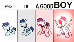 Size: 1920x1080 | Tagged: safe, artist:sugar morning, imported from derpibooru, oc, oc only, oc:slipstream, dog pony, pegasus, pony, behaving like a dog, boofy, boofy is a good boy, collar, deep fried meme, eye beams, good boy, lying down, male, meme, open mouth, simple background, sitting, solo, spiked collar, stallion, standing, tongue out