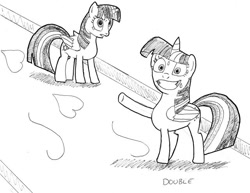Size: 641x494 | Tagged: safe, artist:tascoby, imported from derpibooru, ocellus, twilight sparkle, twilight sparkle (alicorn), alicorn, changeling, disguise, disguised changeling, female, inktober, inktober 2018, monochrome