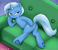Size: 1231x1052 | Tagged: safe, artist:strebiskunk, imported from derpibooru, trixie, pony, unicorn, road to friendship, butt, couch, dock, draw me like one of your french girls, female, frog (hoof), mare, plot, signature, solo, underhoof