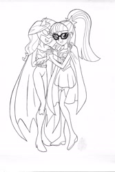 Size: 1608x2412 | Tagged: safe, artist:jmkplover, imported from derpibooru, sci-twi, sunset shimmer, twilight sparkle, equestria girls, batwoman, boots, clothes, commission, costume, female, glasses, halloween, halloween costume, holding hands, lesbian, lineart, miniskirt, scitwishimmer, shipping, shoes, skirt, smiling, socks, sunsetsparkle, supergirl, thigh boots, thigh highs