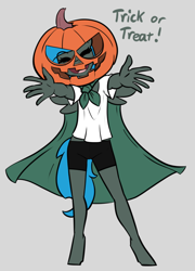 Size: 974x1350 | Tagged: safe, artist:whatsapokemon, imported from derpibooru, oc, oc only, oc:jade shine, anthro, pegasus, anthro oc, clothes, cowboy bebop, cute, dialogue, eyes closed, female, filly, halloween, holiday, jack-o-lantern, open mouth, pumpkin, shirt, shorts, simple background, solo, white background, younger