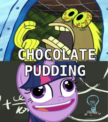 Size: 533x600 | Tagged: safe, edit, edited screencap, imported from derpibooru, screencap, twilight sparkle, alicorn, best gift ever, bloodshot eyes, chalkboard, chocolate, chocolate pudding, chocolate with nuts, faic, food, meme, pudding face, spongebob squarepants, twilight sparkle (alicorn)