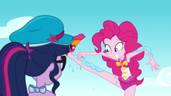 Size: 1920x1080 | Tagged: safe, imported from derpibooru, screencap, pinkie pie, sci-twi, twilight sparkle, equestria girls, equestria girls series, forgotten friendship, clothes, cupcake, duo, duo female, female, food, geode of sugar bombs, hat, magical geodes, pink swimsuit, swimsuit