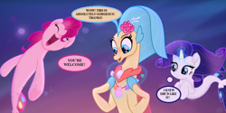 Size: 924x462 | Tagged: safe, edit, edited screencap, imported from derpibooru, screencap, pinkie pie, princess skystar, rarity, seapony (g4), my little pony: the movie, cropped, cute, diapinkes, raribetes, seaponified, seapony pinkie pie, seapony rarity, seaquestria, skyabetes, species swap, speech bubble, that seapony sure does love shells, thought bubble