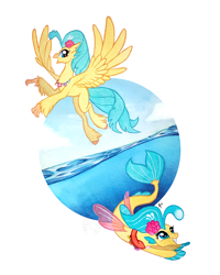 Size: 1000x1250 | Tagged: safe, artist:featherpaw14, imported from derpibooru, princess skystar, classical hippogriff, hippogriff, pony, seapony (g4), my little pony: the movie, cute, duality, female, flying, gouache, happy, jewelry, mare, necklace, self ponidox, skyabetes, smiling, solo, spread wings, swimming, traditional art, underwater, water, watercolor painting, wings