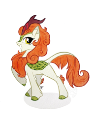 Size: 700x907 | Tagged: safe, artist:featherpaw14, imported from derpibooru, autumn blaze, kirin, sounds of silence, awwtumn blaze, big grin, cloven hooves, colored hooves, cute, female, gouache, grin, looking at you, raised hoof, smiling, solo, traditional art, watercolor painting