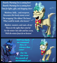 Size: 1850x2020 | Tagged: safe, artist:chopsticks, imported from derpibooru, alice the reindeer, princess luna, deer, pony, reindeer, best gift ever, cheek fluff, clothes, concave belly, crown, cute, deer magic, dialogue, ear fluff, female, holiday, hoof fluff, hoof shoes, jewelry, levitation, magic, neck fluff, night, night sky, nightmare night, open mouth, physique difference, prancing, regalia, shoes, singing, sky, slim, telekinesis, text, thin, ye olde butcherede englishe, yelling