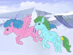 Size: 1024x768 | Tagged: safe, artist:4-chap, imported from derpibooru, firefly, medley, pegasus, pony, anatomically incorrect, bow, duo, female, flying, g1, glacier, ice age, incorrect wing anatomy, mare, tail bow