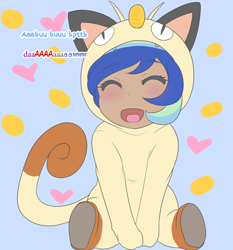 Size: 1280x1372 | Tagged: safe, artist:jonfawkes, imported from derpibooru, oc, oc:sparkling sapphire, human, meowth, ask human octavia, series:sciset diary, baby, clothes, costume, cute, female, first stage pokémon, humanized, humanized oc, kanto pokémon, magical lesbian spawn, normal type pokémon, offspring, parent:sci-twi, parent:sunset shimmer, parents:scitwishimmer, pokémon, pokémon (anime), team rocket's meowth