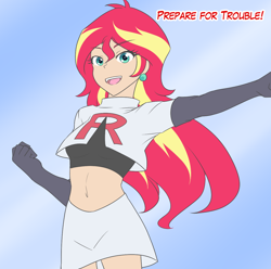 Size: 1280x1271 | Tagged: safe, artist:jonfawkes, artist:little-tweenframes, deleted from derpibooru, imported from derpibooru, sunset shimmer, human, ask human octavia, series:sciset diary, equestria girls, belly button, clothes, collaboration, costume, female, humanized, midriff, open mouth, pokémon, skirt, team rocket, teeth