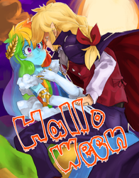 Size: 832x1062 | Tagged: safe, artist:kogarasumaru24, imported from derpibooru, applejack, rainbow dash, equestria girls, appledash, clothes, dress, female, gala dress, halloween, holiday, lesbian, moon, shipping