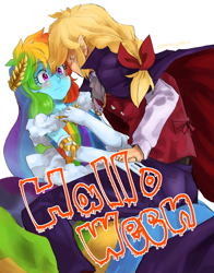 Size: 832x1062 | Tagged: safe, alternate version, artist:kogarasumaru24, imported from derpibooru, applejack, rainbow dash, equestria girls, appledash, clothes, dress, female, gala dress, halloween, holiday, lesbian, shipping, simple background, white background