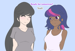 Size: 1280x879 | Tagged: safe, artist:jonfawkes, artist:little-tweenframes, deleted from derpibooru, imported from derpibooru, octavia melody, sci-twi, twilight sparkle, human, ask human octavia, series:sciset diary, breasts, collaboration, cute, dark skin, eyes closed, female, glasses, humanized, light skin, simple background