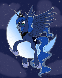 Size: 3333x4167 | Tagged: safe, artist:basykail, artist:casualcolt, imported from derpibooru, princess luna, alicorn, pony, cloud, collaboration, crescent moon, cute, ear fluff, female, hug, mare, moon, night, prone, sky, smiling, solo, spread wings, stars, tangible heavenly object, transparent moon, white outline, wings