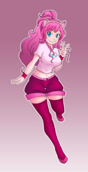 Size: 1005x1964 | Tagged: safe, artist:jorgestarny, imported from derpibooru, pinkie pie, human, alternate hairstyle, belly button, breasts, busty pinkie pie, cat ears, cutie mark, fanart, female, humanized, looking at you, pink socks, solo