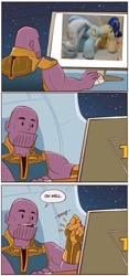 Size: 375x802 | Tagged: safe, artist:ketika, imported from derpibooru, bon bon, lyra heartstrings, sweetie drops, exploitable meme, female, infinity gauntlet, irl, male, meme, photo, plushie, shitposting, snap, thanos