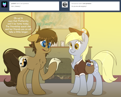 Size: 1280x1024 | Tagged: safe, artist:fluffyxai, imported from derpibooru, derpy hooves, oc, oc:spirit wind, earth pony, pegasus, pony, tumblr:ask spirit wind, chest fluff, clothes, dexterous hooves, duo, female, hat, mail, mailmare, mailmare hat, mare, tumblr, uniform