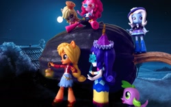 Size: 1536x960 | Tagged: safe, artist:whatthehell!?, imported from derpibooru, applejack, derpy hooves, pinkie pie, rarity, spike, spike the regular dog, trixie, dog, equestria girls, boots, clothes, denim skirt, doll, dress, equestria girls minis, eqventures of the minis, food, glasses, halloween, hat, holiday, irl, jacket, lantern, mask, moon, muffin, night, night sky, photo, ponied up, pumpkin, shoes, skirt, sky, stars, toy