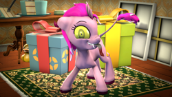 Size: 3840x2160 | Tagged: safe, artist:fiopon, imported from derpibooru, oc, oc:salacious, original species, 3d, birthday, cake, carpet, cute, fangs, fetlock horn, food, glowing eyes, horns, not pinkie pie, source filmmaker, stinger, stinger tongue, tongue out, yellow eyes