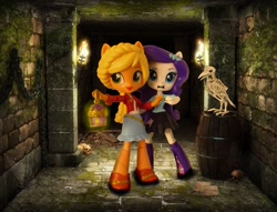 Size: 1417x1080 | Tagged: safe, artist:whatthehell!?, imported from derpibooru, applejack, rarity, bird, equestria girls, barrel, bone, boots, chains, clothes, denim skirt, doll, dress, dungeon, equestria girls minis, halloween, holiday, irl, jacket, lantern, photo, ponied up, shoes, skeleton, skirt, skull, torch, toy