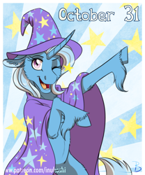 Size: 900x1081 | Tagged: safe, artist:inuhoshi-to-darkpen, imported from derpibooru, trixie, pony, unicorn, cape, clothes, female, hat, mare, one eye closed, trixie day, trixie's cape, trixie's hat, unshorn fetlocks, wink