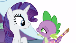 Size: 1177x662 | Tagged: safe, imported from derpibooru, screencap, rarity, spike, dragon, pony, unicorn, best gift ever, female, guitar, i'm not gifted at gifting, male, shipping fuel, winged spike, wings