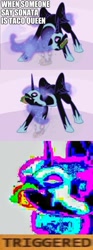 Size: 643x1730 | Tagged: safe, artist:testostepone, editor:apex soundwave, imported from derpibooru, nightmare moon, alicorn, pony, caption, deep fried meme, female, food, image macro, impact font, implied sonata dusk, mare, meme, simple background, solo, taco, text, triggered