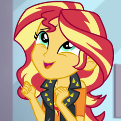 Size: 935x935 | Tagged: safe, imported from derpibooru, screencap, sunset shimmer, a fine line, equestria girls, equestria girls series, clothes, cropped, cute, female, geode of empathy, happy, leather vest, looking up, magical geodes, shimmerbetes, solo