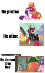 Size: 633x1024 | Tagged: safe, edit, edited screencap, imported from derpibooru, screencap, big macintosh, marble pie, sugar belle, pony, unicorn, best gift ever, dungeons and discords, attac, meme, mistletoe, protec, race swap, shitposting, sir mcbiggen, unicorn big mac