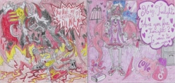 Size: 2482x1174 | Tagged: safe, artist:nephilim rider, imported from derpibooru, oc, oc:heaven lost, equestria girls, khorne, nightmare night, slaanesh, traditional art, warhammer (game), warhammer 40k