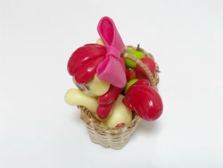 Size: 1024x768 | Tagged: artist needed, safe, imported from derpibooru, apple bloom, apple, basket, bow, cutie mark, figurine, food, irl, photo, picnic basket