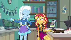 Size: 1920x1080 | Tagged: safe, imported from derpibooru, screencap, sunset shimmer, trixie, equestria girls, equestria girls series, forgotten friendship, duo, geode of empathy, hand on hip, magical geodes, unamused