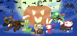 Size: 3541x1689 | Tagged: safe, artist:porygon2z, imported from derpibooru, angel bunny, gummy, opalescence, owlowiscious, tank, winona, alligator, reptile, timber wolf, tortoise, vampire, clothes, costume, devil, halloween, halloween costume, harry potter, harry potter (series), holiday, jack-o-lantern, pumpkin, teenage mutant ninja turtles