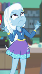 Size: 384x681 | Tagged: safe, imported from derpibooru, screencap, trixie, equestria girls, equestria girls series, forgotten friendship, :c, angry, clothes, cropped, frown, looking up, skirt, solo, unamused