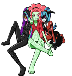 Size: 2872x3000 | Tagged: safe, artist:artemis-polara, imported from derpibooru, adagio dazzle, aria blaze, sonata dusk, equestria girls, rainbow rocks, barefoot, beckoning, belly button, bodypaint, boots, catsuit, catwoman, clothes, costume, crossed arms, feet, female, goggles, halloween, halloween costume, harley quinn, holiday, latex, looking at you, mask, poison ivy, shoes, simple background, sitting, smiling, soles, the dazzlings, toes, transparent background