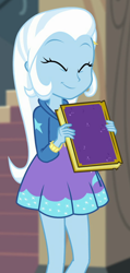 Size: 470x987 | Tagged: safe, imported from derpibooru, screencap, trixie, equestria girls, equestria girls series, forgotten friendship, book, clothes, cropped, cute, diatrixes, eyes closed, female, legs, skirt, smiling, solo