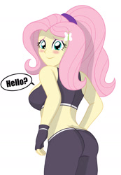 Size: 1292x1867 | Tagged: safe, artist:sumin6301, imported from derpibooru, fluttershy, equestria girls, adorasexy, ass, big breasts, blushing, breasts, busty fluttershy, butt, clothes, cute, dialogue, female, fingerless gloves, flutterbutt, gloves, looking at you, looking back, looking back at you, midriff, pants, sexy, shyabetes, sideboob, smiling, solo, speech bubble, sports bra, sports outfit, yoga pants