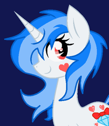 Size: 396x458 | Tagged: safe, imported from derpibooru, oc, oc only, oc:diamond nella, pony, unicorn, avatar, blue background, blue mane, bow, bust, diamond, heart, looking back, red eyes, simple background, smiling, solo