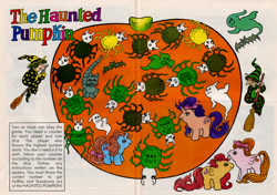 Size: 1280x899 | Tagged: safe, imported from derpibooru, baby applejack, baby fifi, baby quackers, brandy, confetti (g1), dibbles, medley, nibbles, sniffles, snookums, spike (g1), bat, cat, ghost, spider, comic:my little pony (g1), board game, g1, game, grammar error from official source, halloween, holiday, official, official comic, pumpkin, the haunted pumpkin, witch