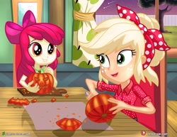 Size: 1500x1159 | Tagged: safe, artist:dieart77, imported from derpibooru, apple bloom, applejack, equestria girls, equestria girls series, clothes, cute, female, freckles, halloween, happy, holiday, jack-o-lantern, knife, pumpkin, pumpkin carving, shirt, shooting star, sisters, smiling, tree