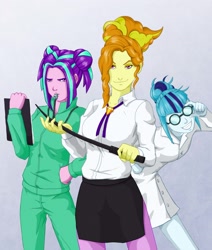 Size: 2285x2699 | Tagged: safe, artist:villaincorner, imported from derpibooru, adagio dazzle, aria blaze, sonata dusk, equestria girls, clothes, female, glasses, lab coat, side slit, skirt, smiling, teacher, the dazzlings, tracksuit