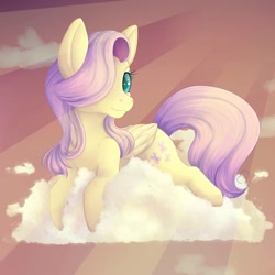 Size: 1100x1100 | Tagged: safe, artist:bluumbrelu, imported from derpibooru, fluttershy, pegasus, pony, cloud, crepuscular rays, cute, eyelashes, female, folded wings, hair over one eye, head turn, looking at you, mare, on a cloud, prone, shyabetes, sky, solo, three-quarter view, turned head, wings