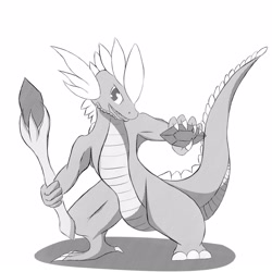 Size: 1600x1600 | Tagged: safe, artist:miragepotato, imported from derpibooru, spike, dragon, bloodstone scepter, dragon lord spike, gem, monochrome, older, older spike, simple background, staff, white background