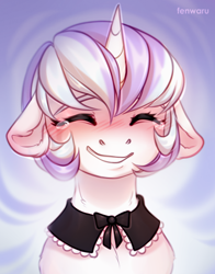 Size: 1100x1400 | Tagged: safe, artist:fenwaru, imported from derpibooru, oc, oc only, oc:eleonor, pony, unicorn, blushing, clothes, eyes closed, female, floppy ears, maid, mare, smiling, solo, ych result