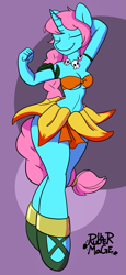 Size: 959x2082 | Tagged: safe, artist:rubbermage, imported from derpibooru, oc, oc:lulu pouf, anthro, unicorn, anthro oc, armpits, braided ponytail, braided tail, clothes, costume, dancing, female, jungle de ikou!, mii, skull, solo