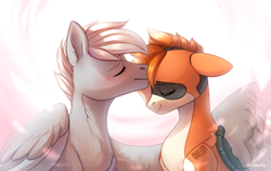 Size: 1900x1200 | Tagged: safe, artist:fenwaru, imported from derpibooru, oc, oc only, oc:kiva, oc:snowy, pegasus, pony, robot, robot pony, blushing, eyes closed, female, kissing, male, mare, smiling, snowva, stallion, straight, ych result